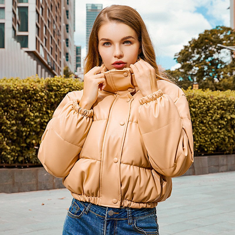 Faux Leather Stand Collar Cropped Puffer Jacket