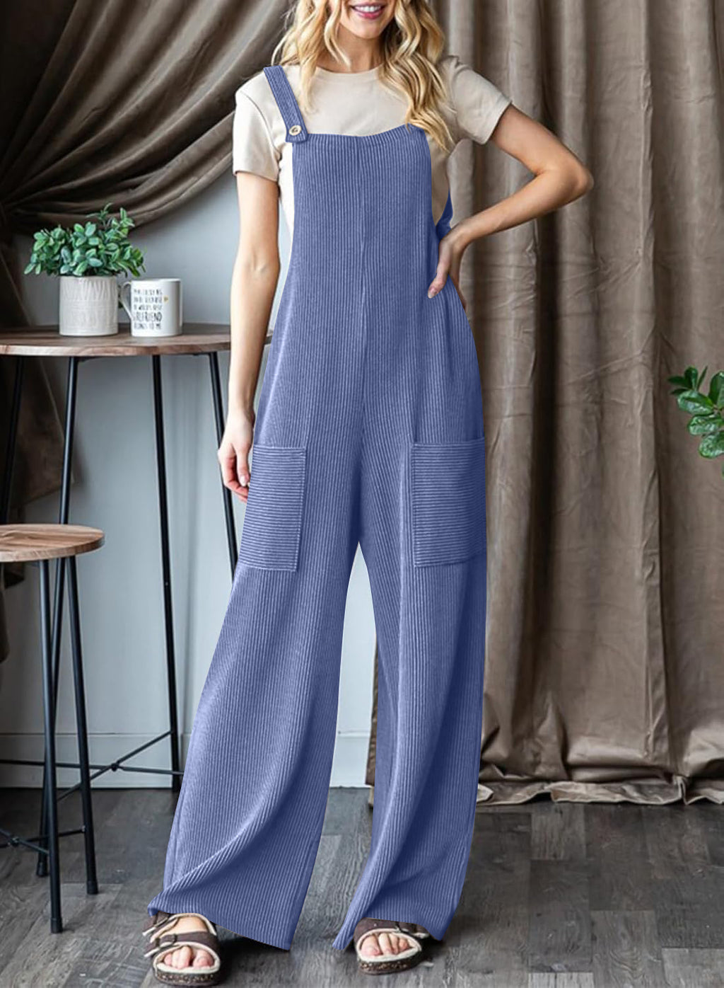 Wide Leg Adjustable Strap Overall Jumpsuit - Blue