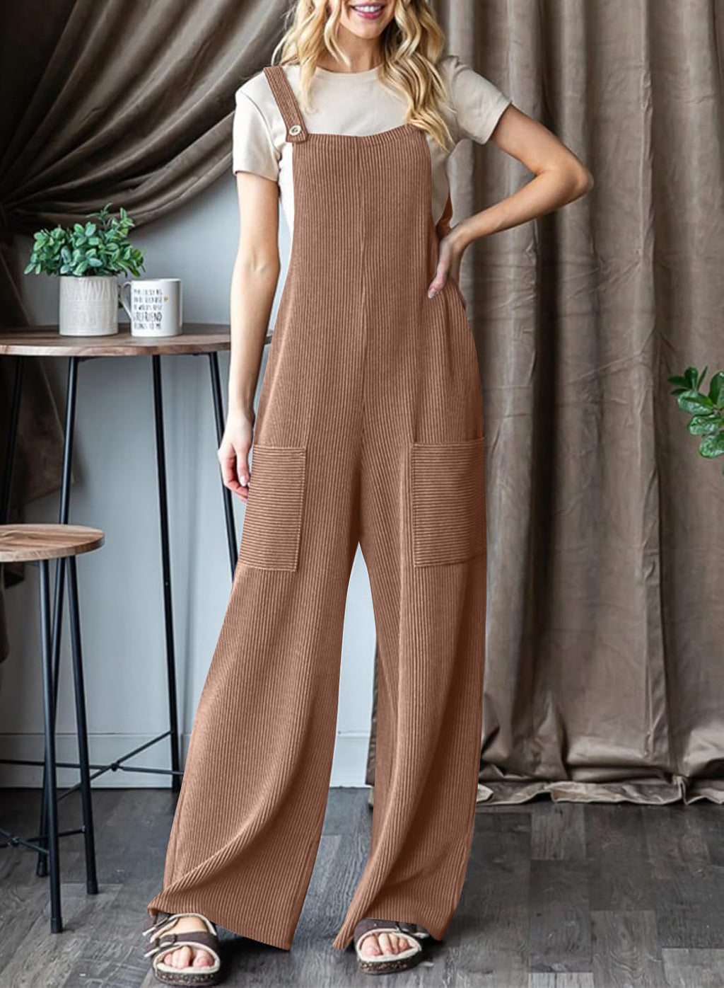 Wide Leg Adjustable Strap Overall Jumpsuit - Brown