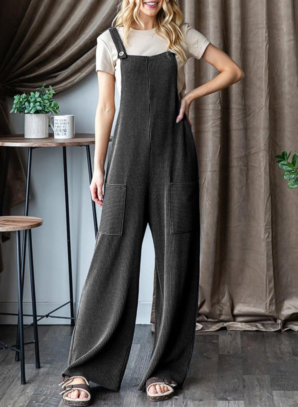 Wide Leg Adjustable Strap Overall Jumpsuit - DarkGrey