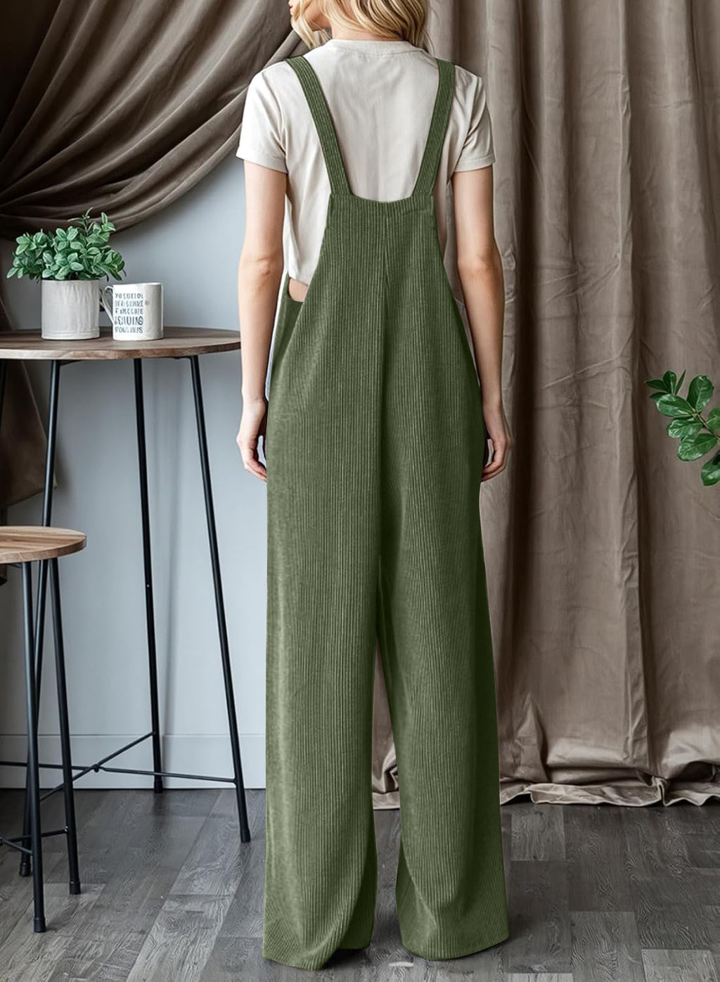 Wide Leg Adjustable Strap Overall Jumpsuit - Green - 1