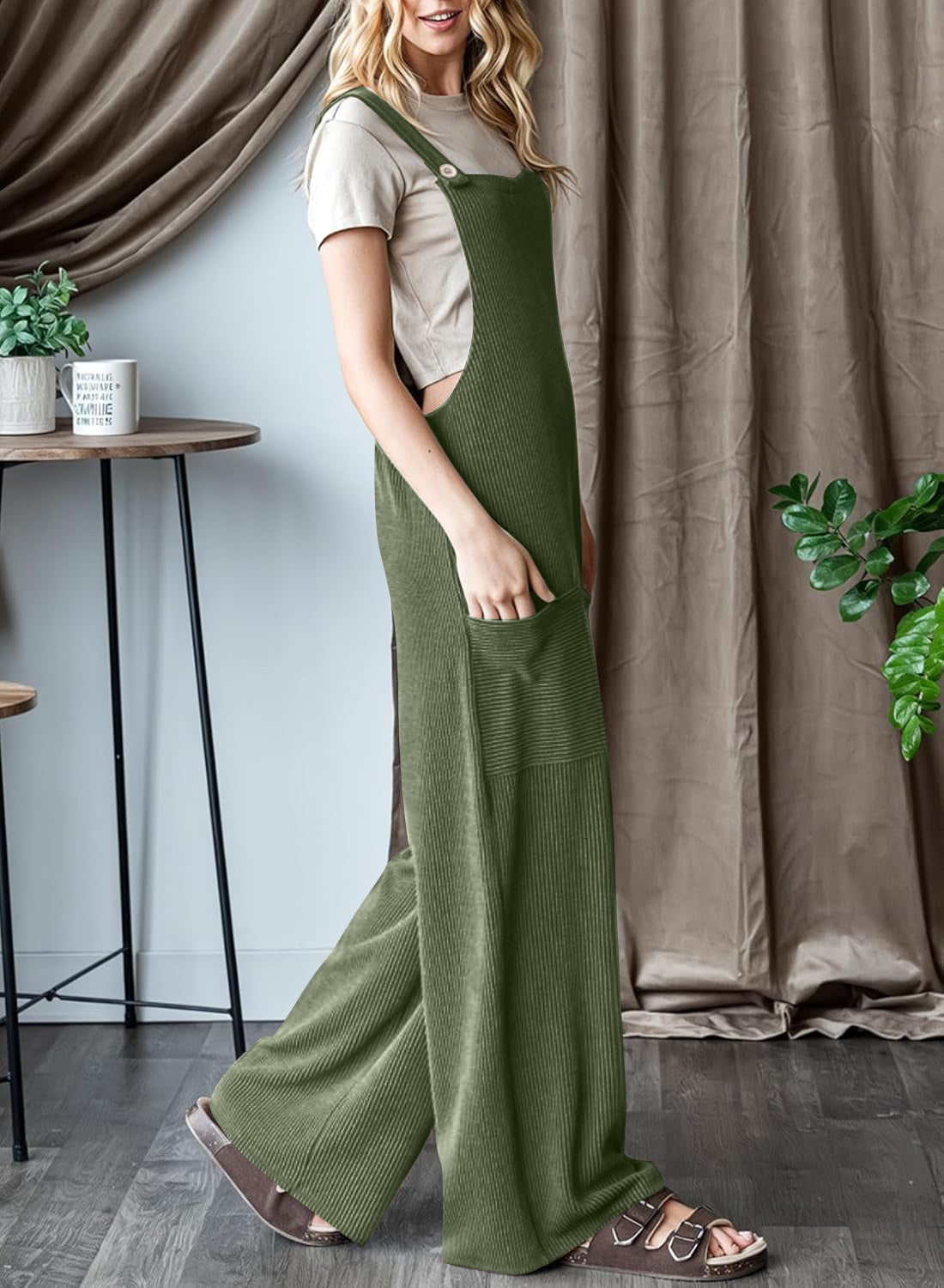 Wide Leg Adjustable Strap Overall Jumpsuit - Green - 2