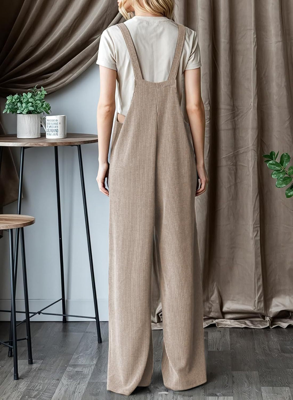 Wide Leg Adjustable Strap Overall Jumpsuit - Khaki - 1