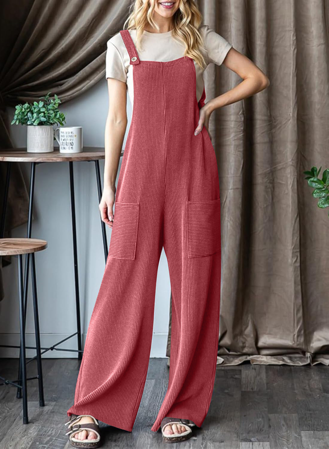 Wide Leg Adjustable Strap Overall Jumpsuit - Red