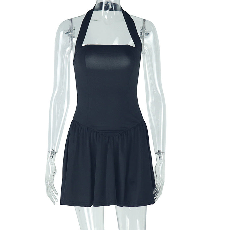Halter Square Neck Drop Waist Mini Dress - Black - 1
