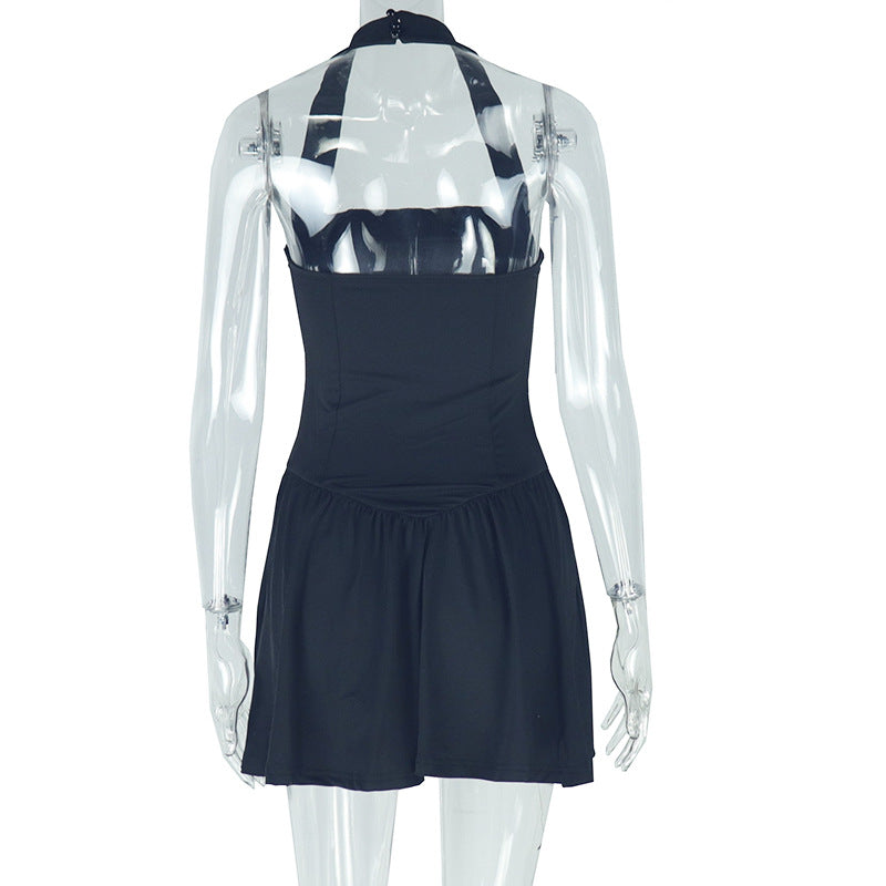 Halter Square Neck Drop Waist Mini Dress - Black - 2