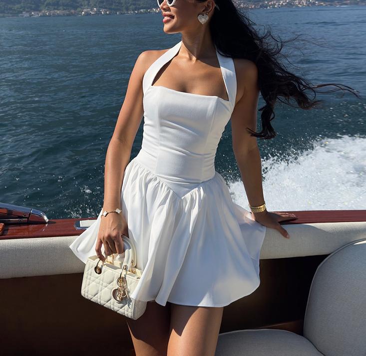 Halter Square Neck Drop Waist Mini Dress - White - 1