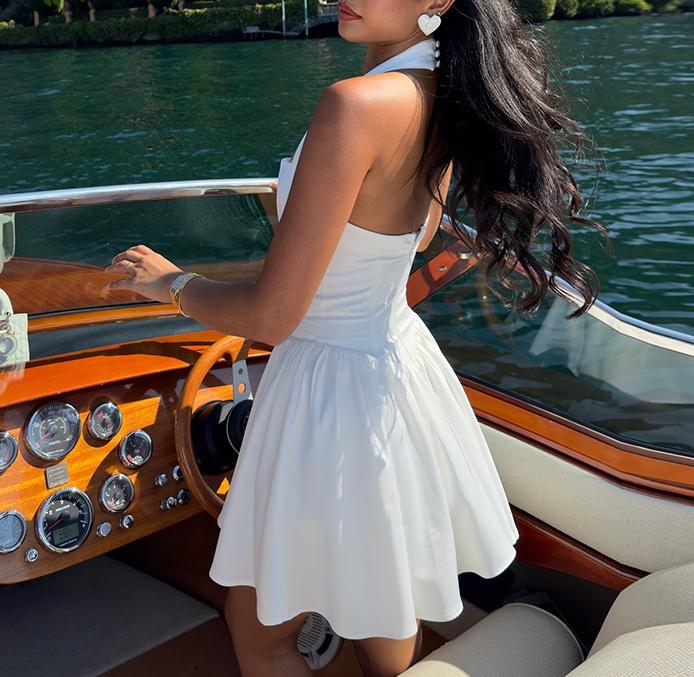 Halter Square Neck Drop Waist Mini Dress - White - 2