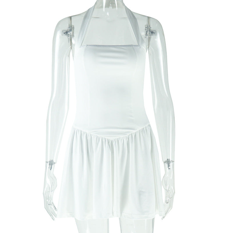 Halter Square Neck Drop Waist Mini Dress - White - 3