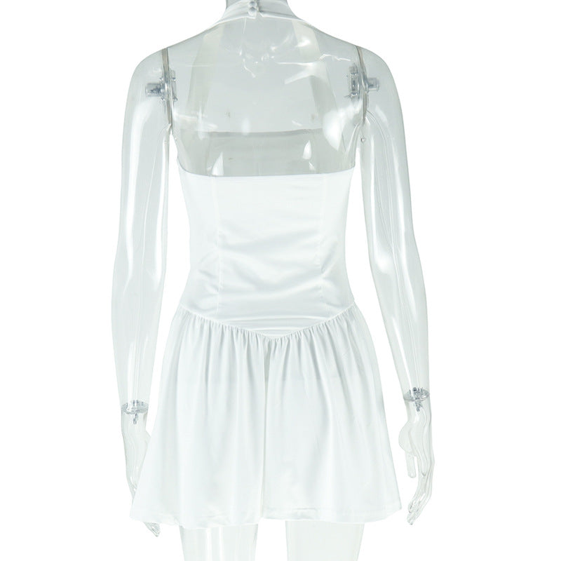 Halter Square Neck Drop Waist Mini Dress - White - 4