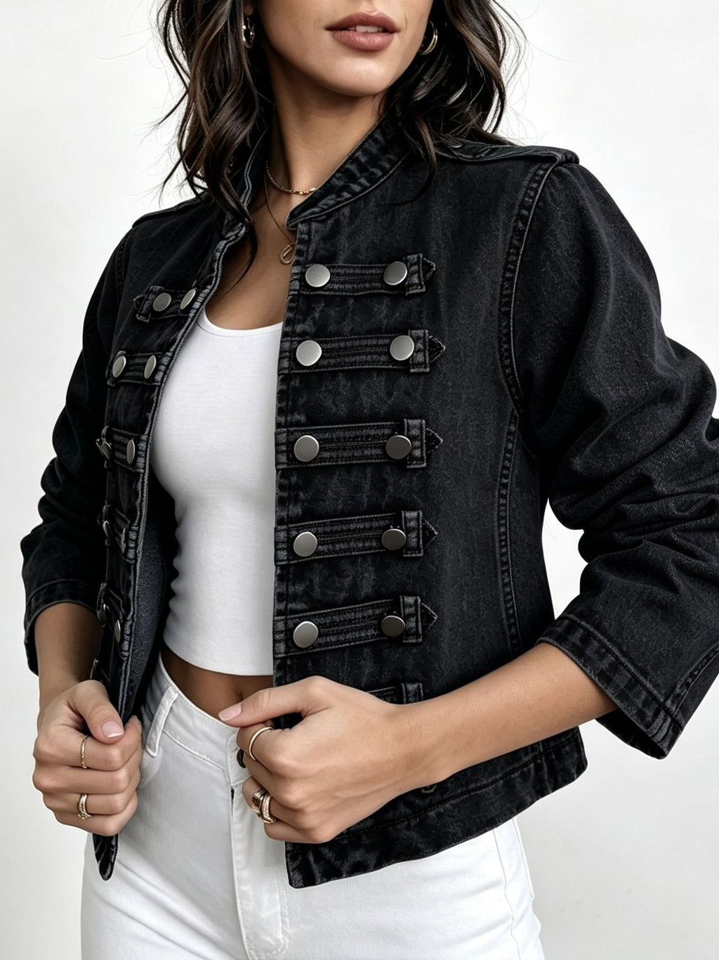 Cropped Stand Collar Military Denim Jacket - Black