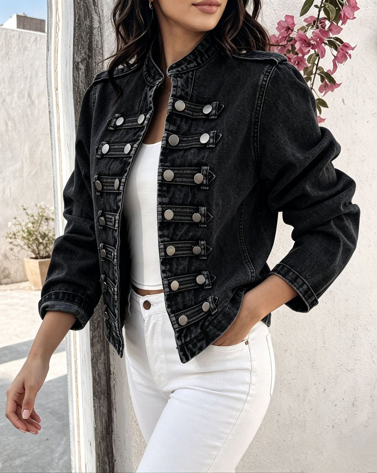 Cropped Stand Collar Military Denim Jacket - Black - 1