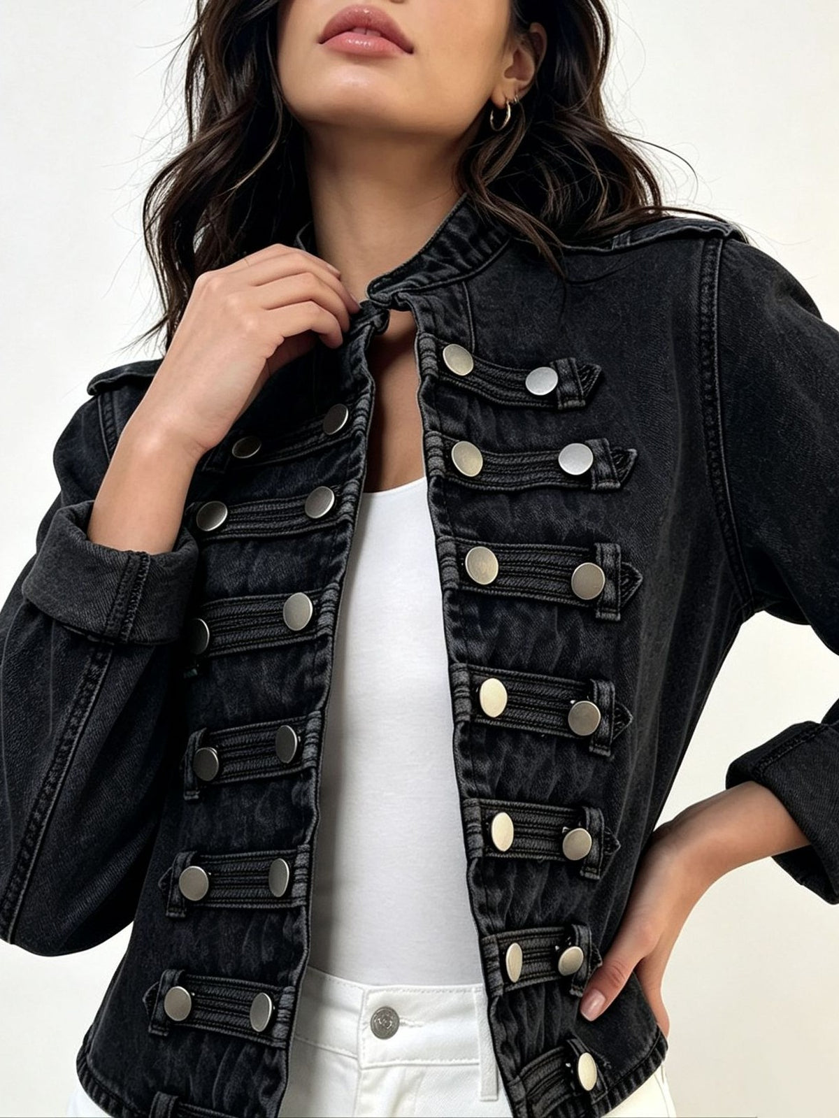 Cropped Stand Collar Military Denim Jacket - Black - 2