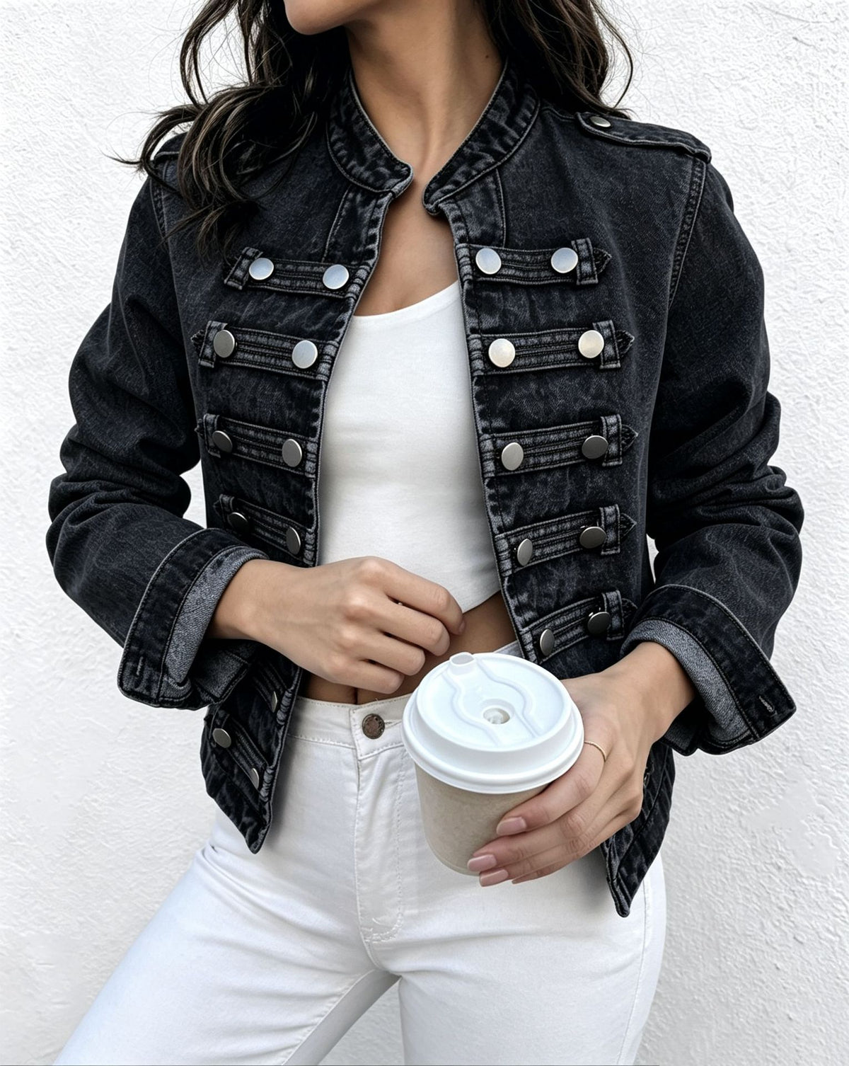 Cropped Stand Collar Military Denim Jacket - Black - 3