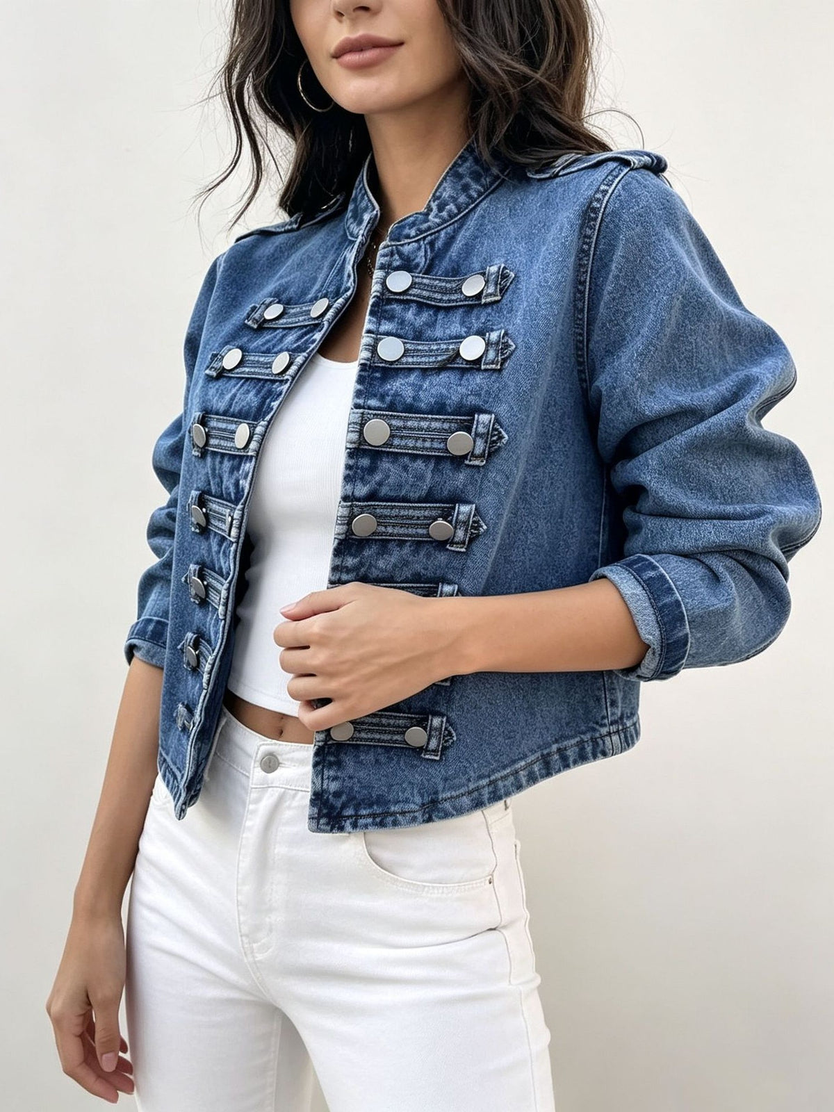 Cropped Stand Collar Military Denim Jacket - Blue