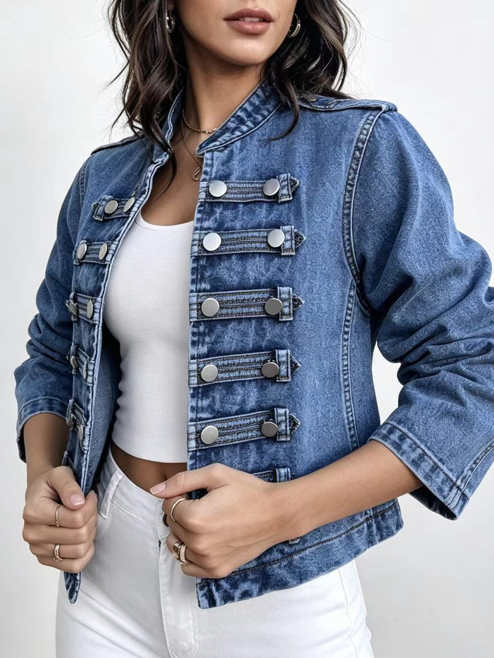 Cropped Stand Collar Military Denim Jacket - Blue - 1