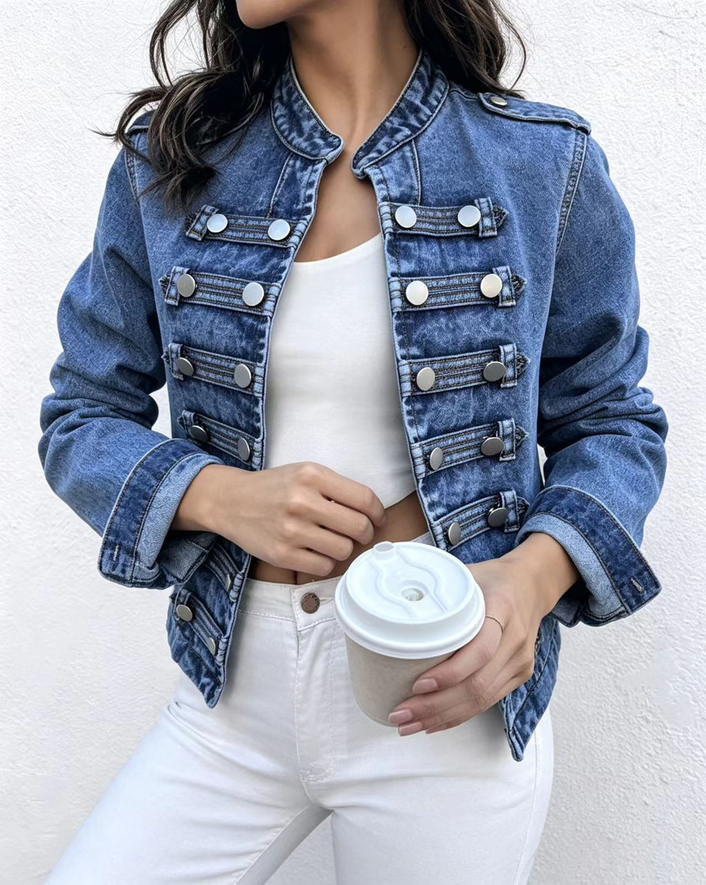 Cropped Stand Collar Military Denim Jacket - Blue - 2