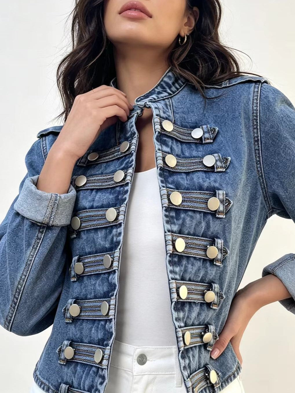 Cropped Stand Collar Military Denim Jacket - Blue - 3