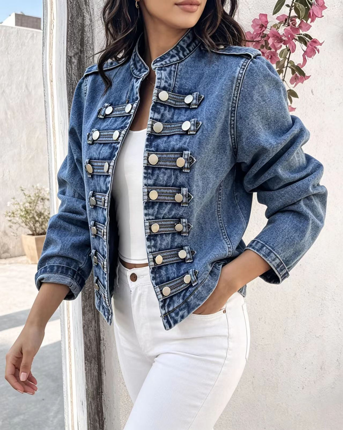 Cropped Stand Collar Military Denim Jacket - Blue - 4