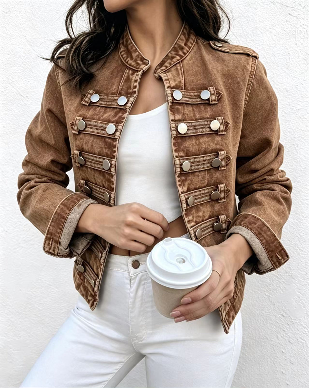 Cropped Stand Collar Military Denim Jacket - Brown