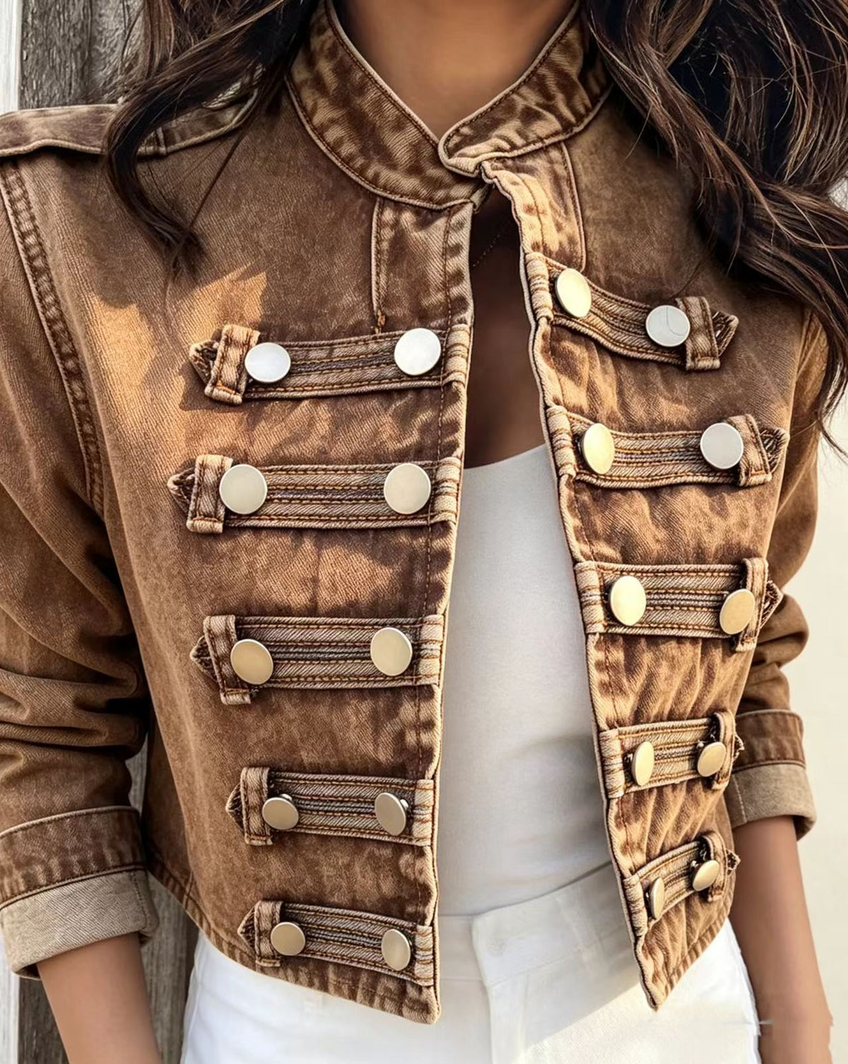 Cropped Stand Collar Military Denim Jacket - Brown - 1