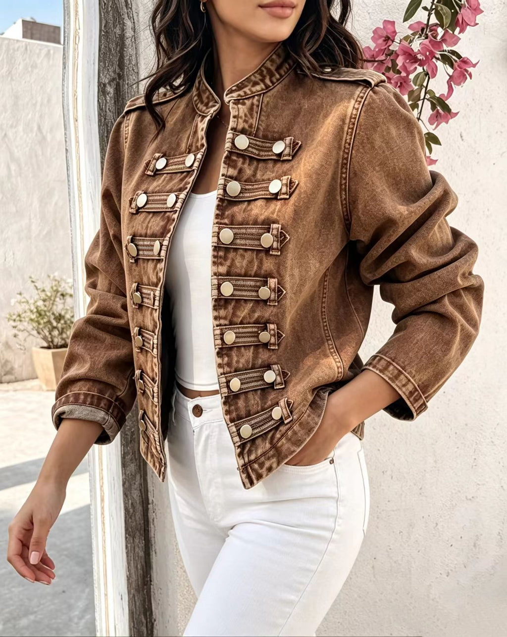 Cropped Stand Collar Military Denim Jacket - Brown - 2