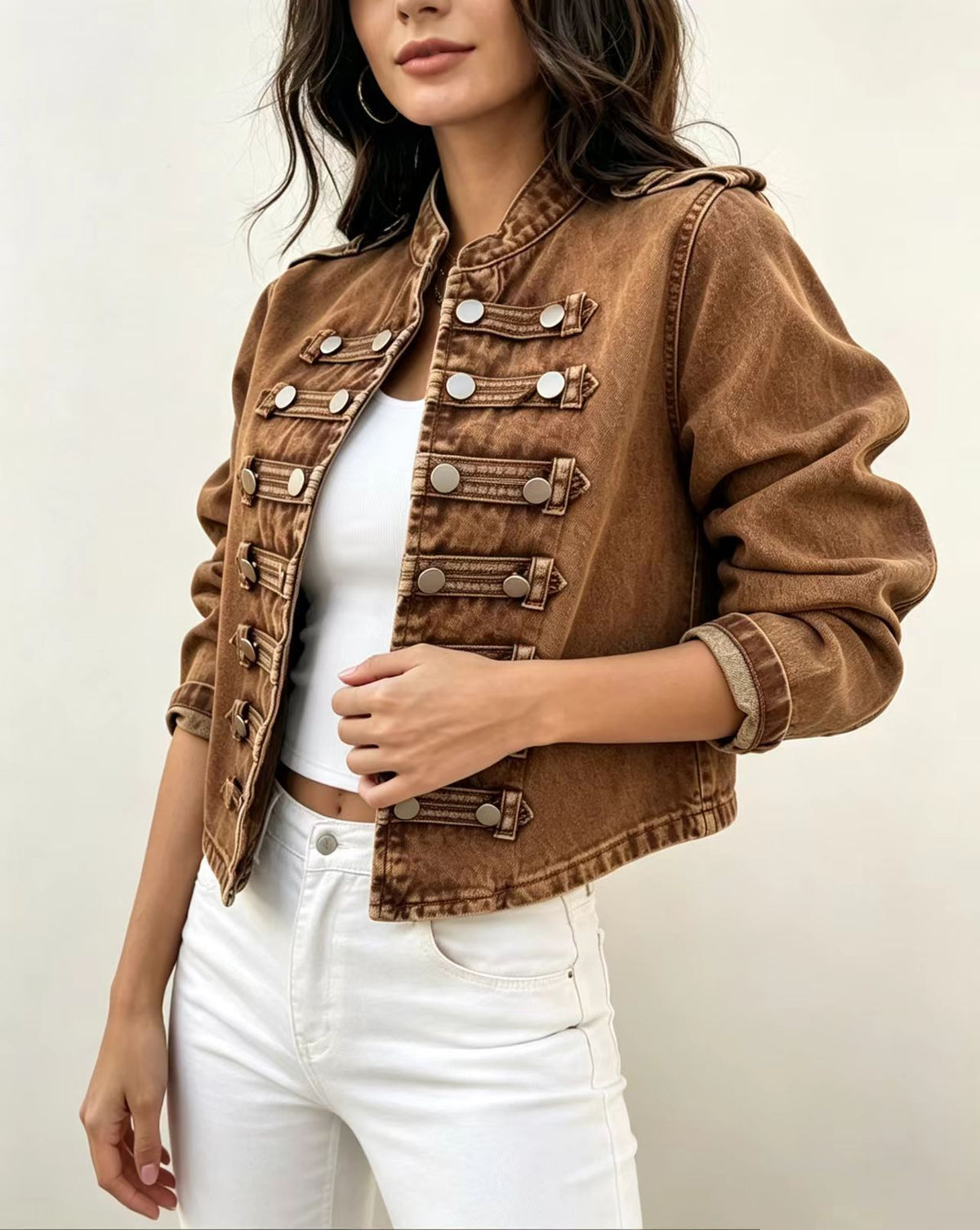 Cropped Stand Collar Military Denim Jacket - Brown - 3