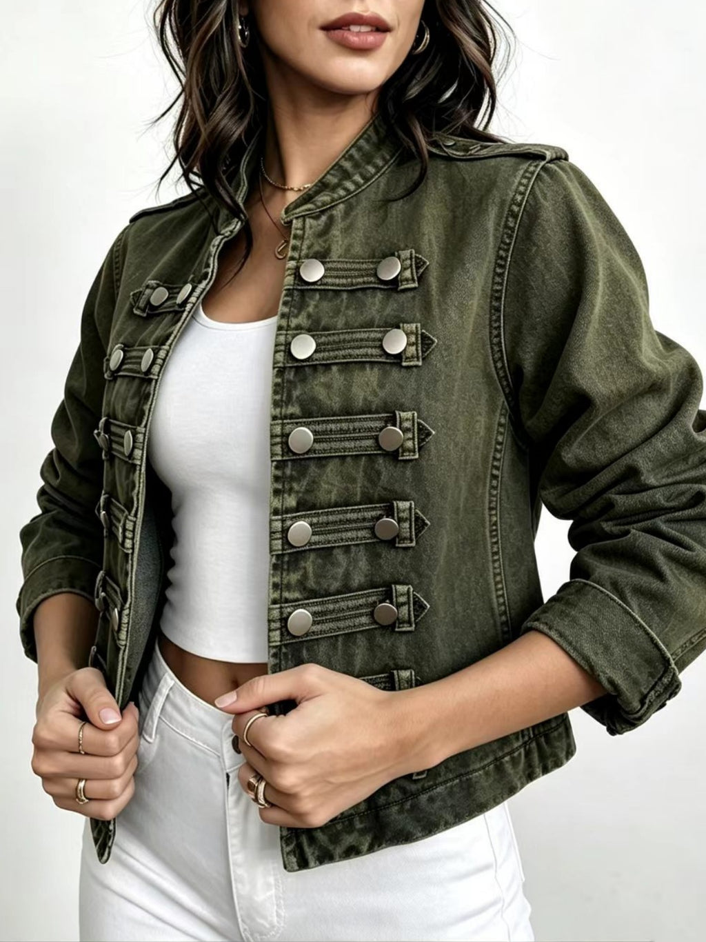 Cropped Stand Collar Military Denim Jacket - Olive