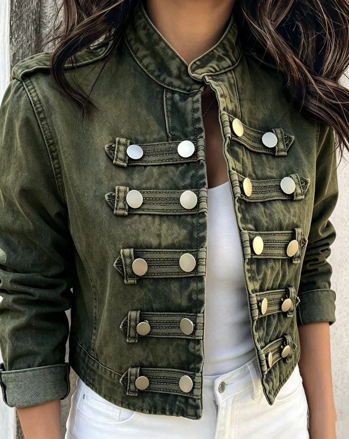 Cropped Stand Collar Military Denim Jacket - Olive - 1