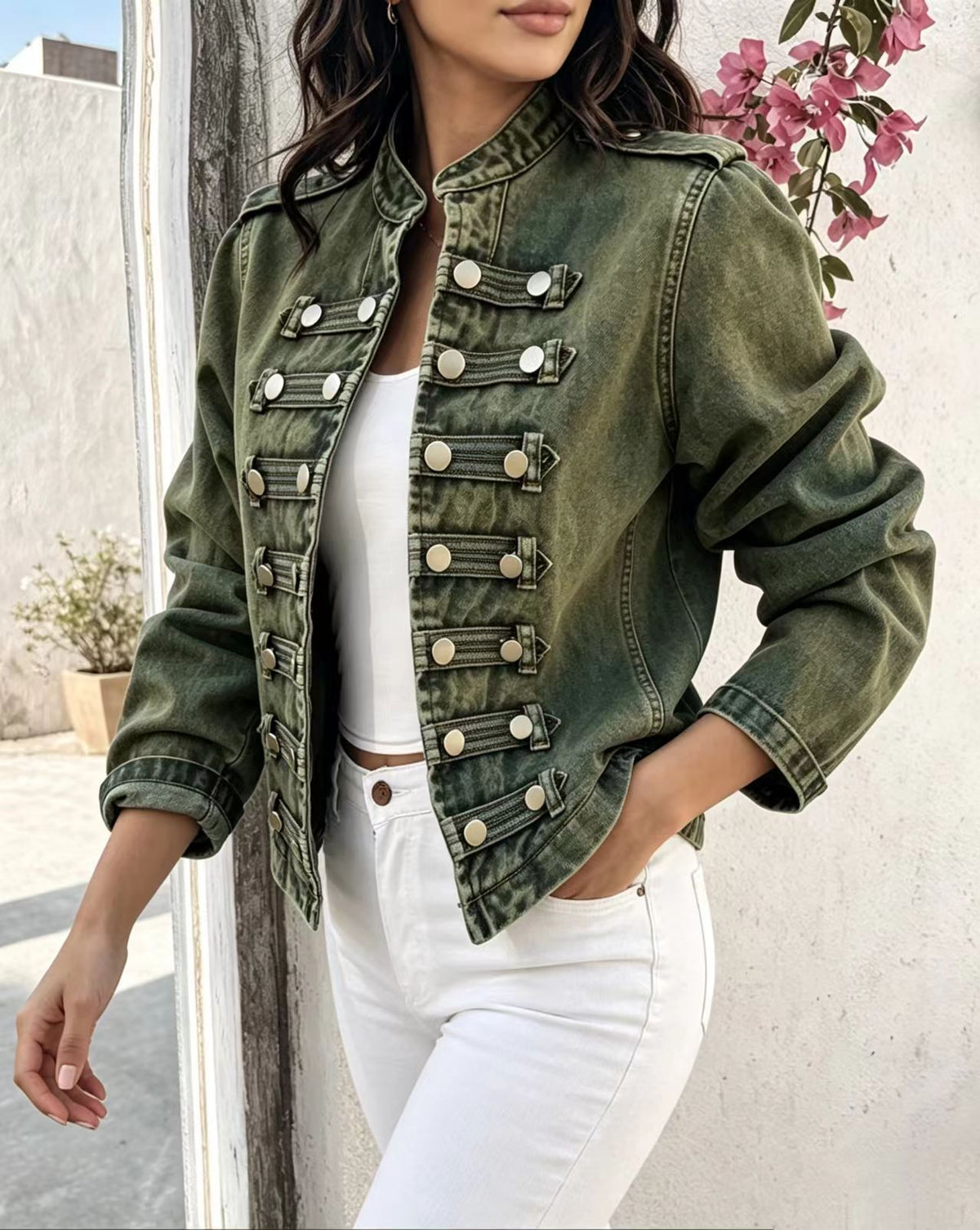 Cropped Stand Collar Military Denim Jacket - Olive - 2