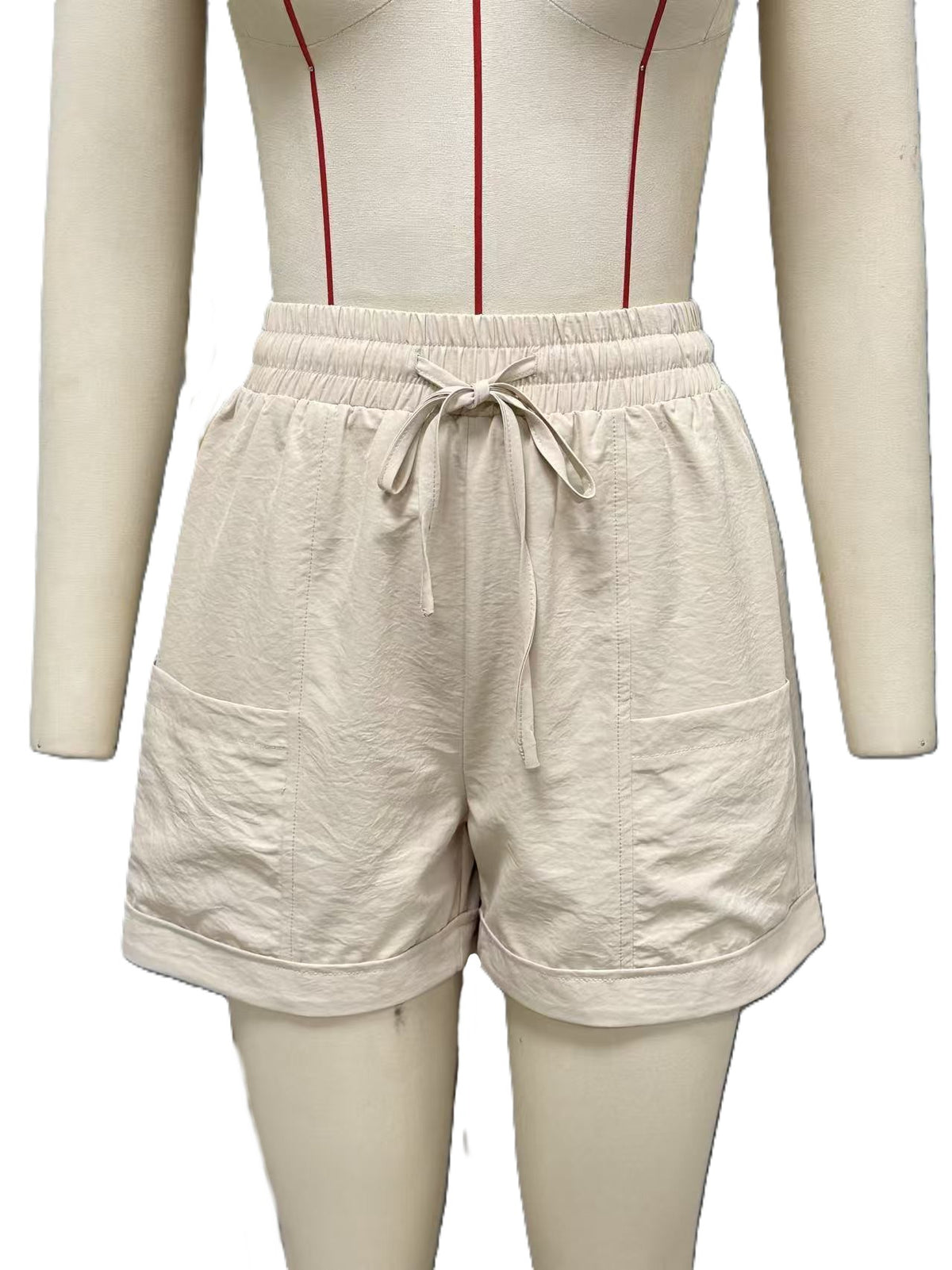 Relaxed Drawstring Shorts With Side Pockets - Apricot - 1