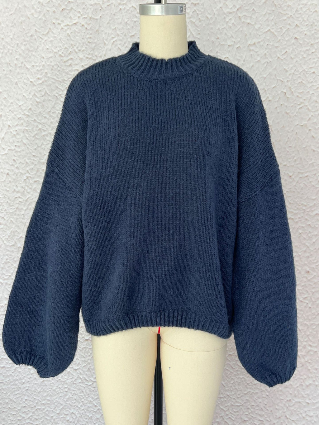 Oversized Balloon Sleeve Mock Neck Sweater - DarkBlue - 1