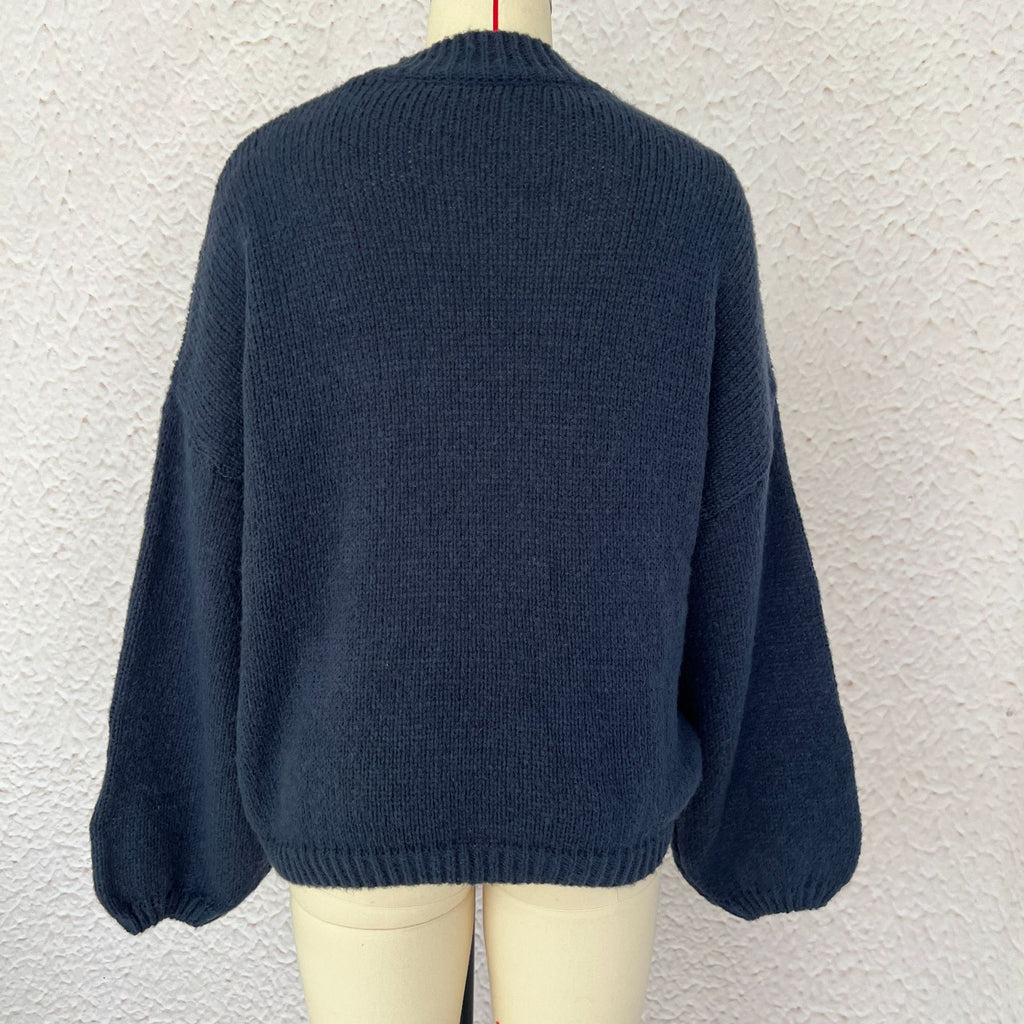 Oversized Balloon Sleeve Mock Neck Sweater - DarkBlue - 2