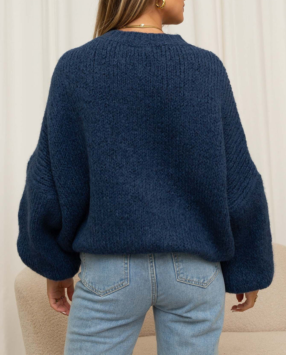 Oversized Balloon Sleeve Mock Neck Sweater - DarkBlue - 4