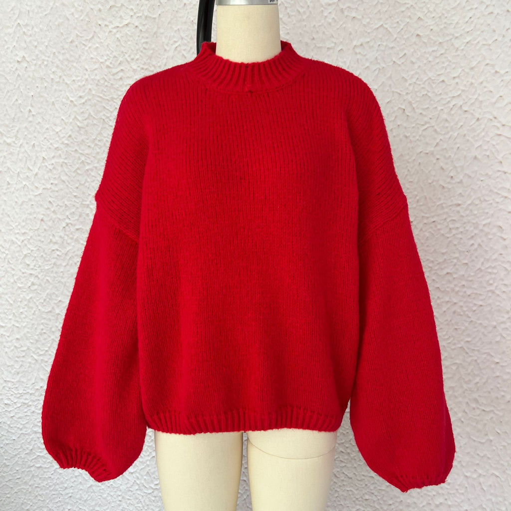 Oversized Balloon Sleeve Mock Neck Sweater - Red