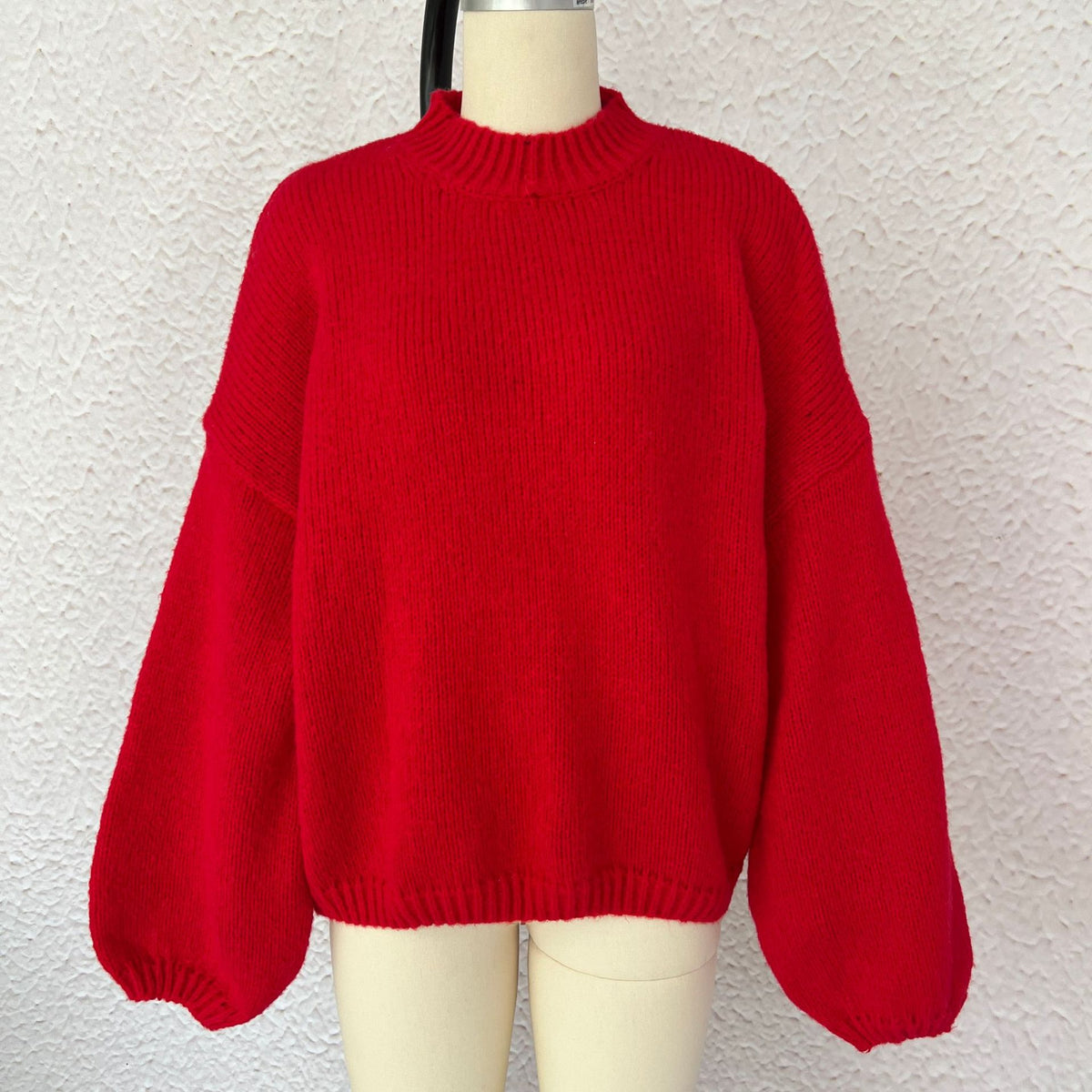 Oversized Balloon Sleeve Mock Neck Sweater - Red