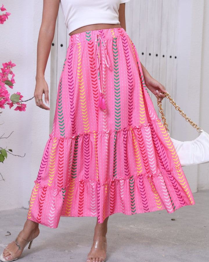 Diamond Geometric Boho Tiered Maxi Skirt - Blue - 1