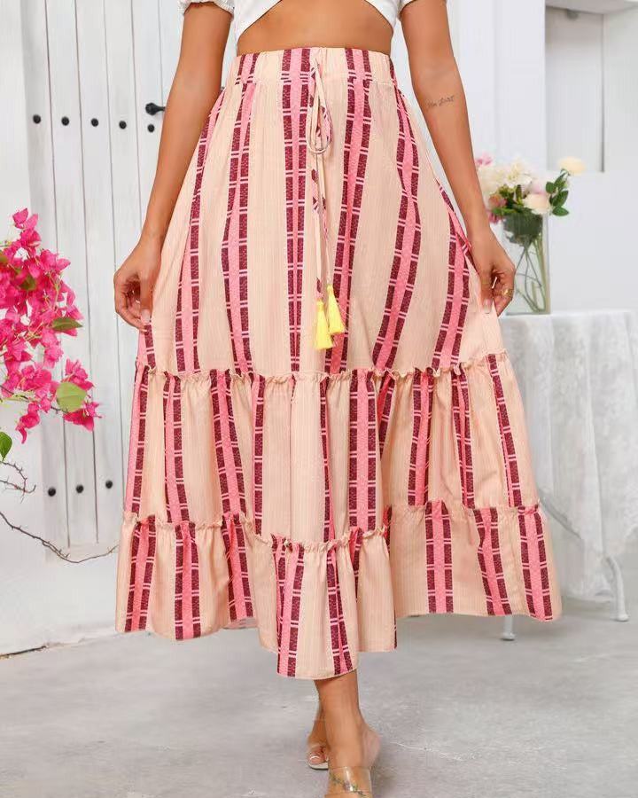 Diamond Geometric Boho Tiered Maxi Skirt - Yellow