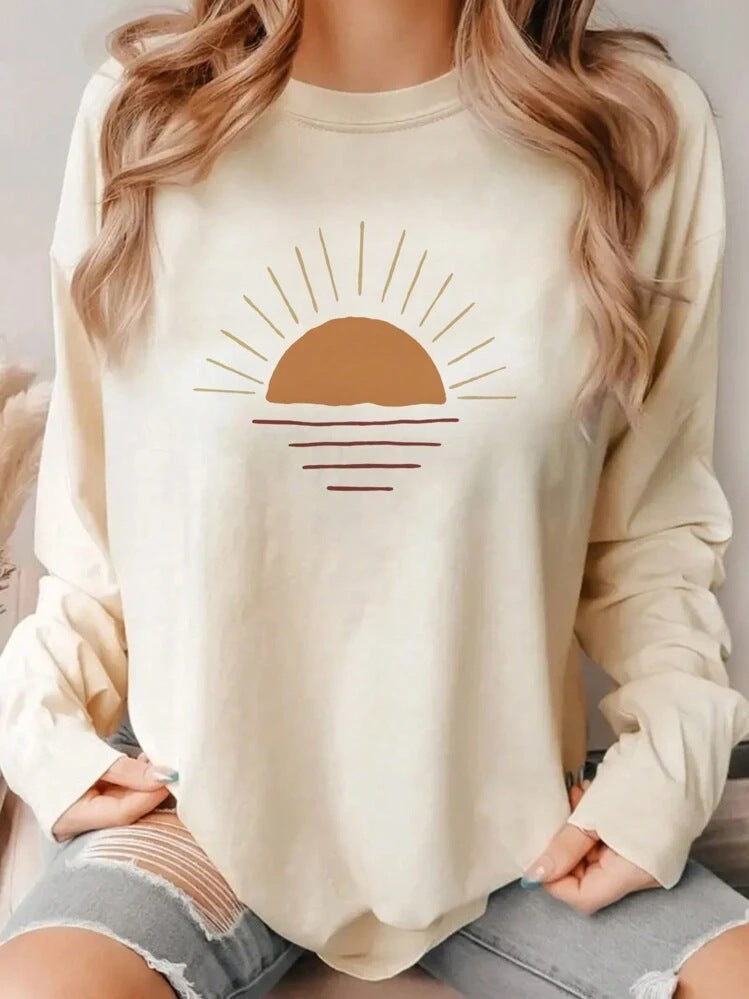 Sunrise Print Drop Shoulder Lounge Top - Apricot