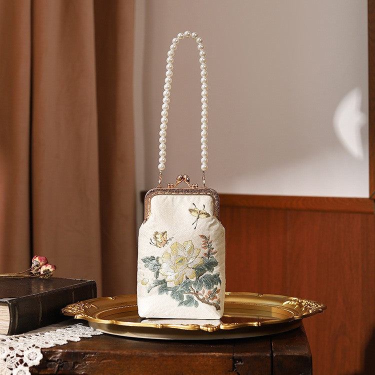 Embroidered Floral Pearl Handle Kiss Lock Bag - Ivory Peony