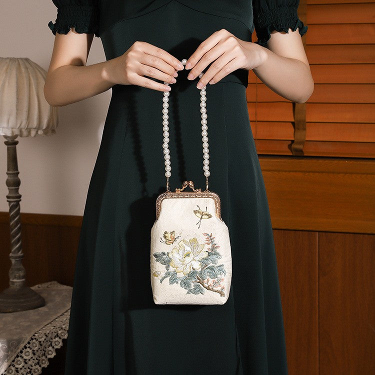Embroidered Floral Pearl Handle Kiss Lock Bag