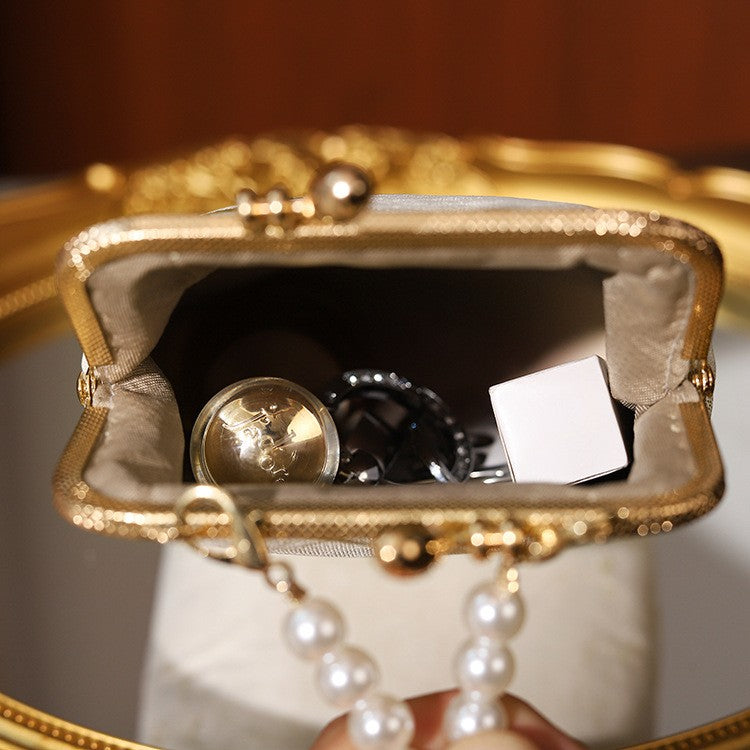 Embroidered Floral Pearl Handle Kiss Lock Bag