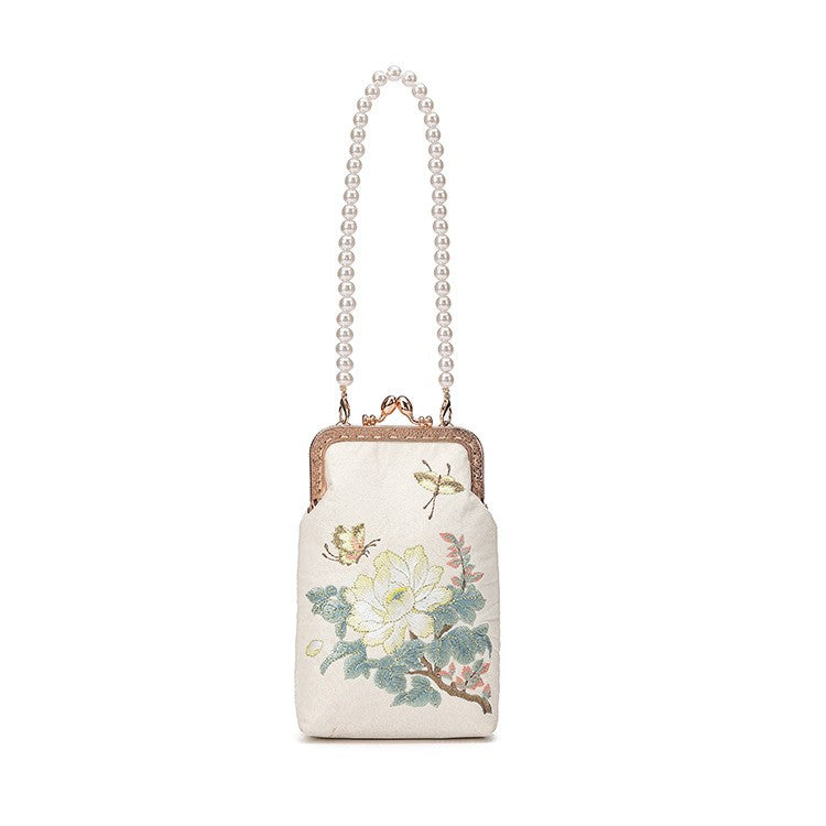 Embroidered Floral Pearl Handle Kiss Lock Bag