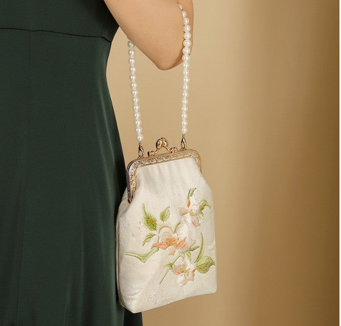 Embroidered Floral Pearl Handle Kiss Lock Bag