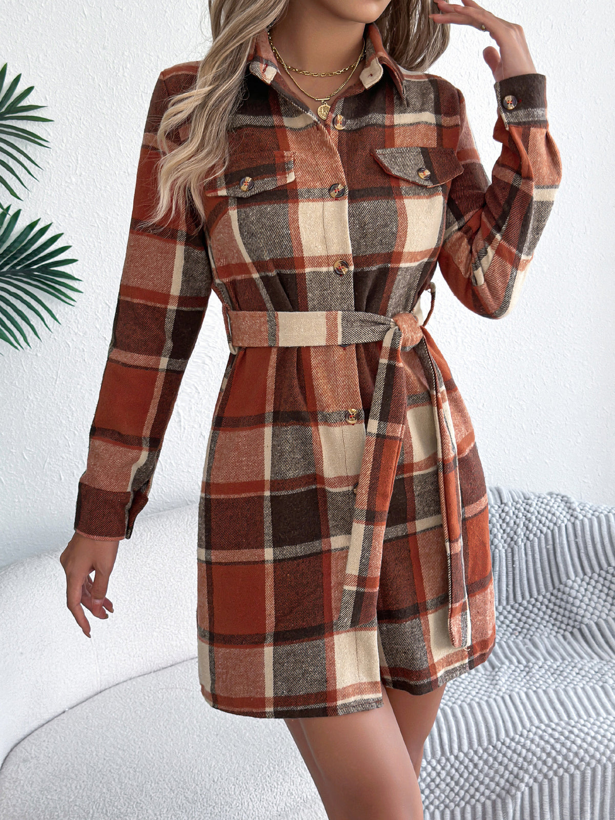 Plaid Flannel Belted Mini Shirt Dress - Orange