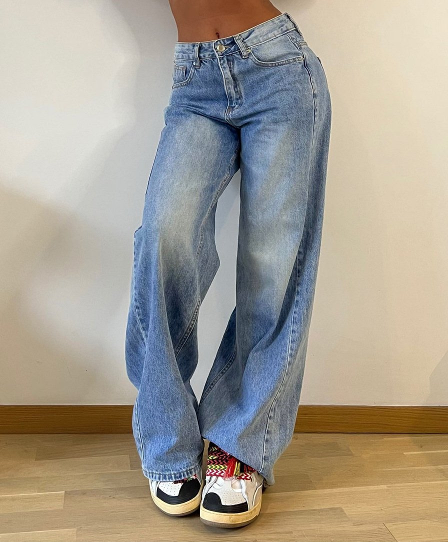 Faded Wash Baggy Wide Leg Jeans - Blue - 1