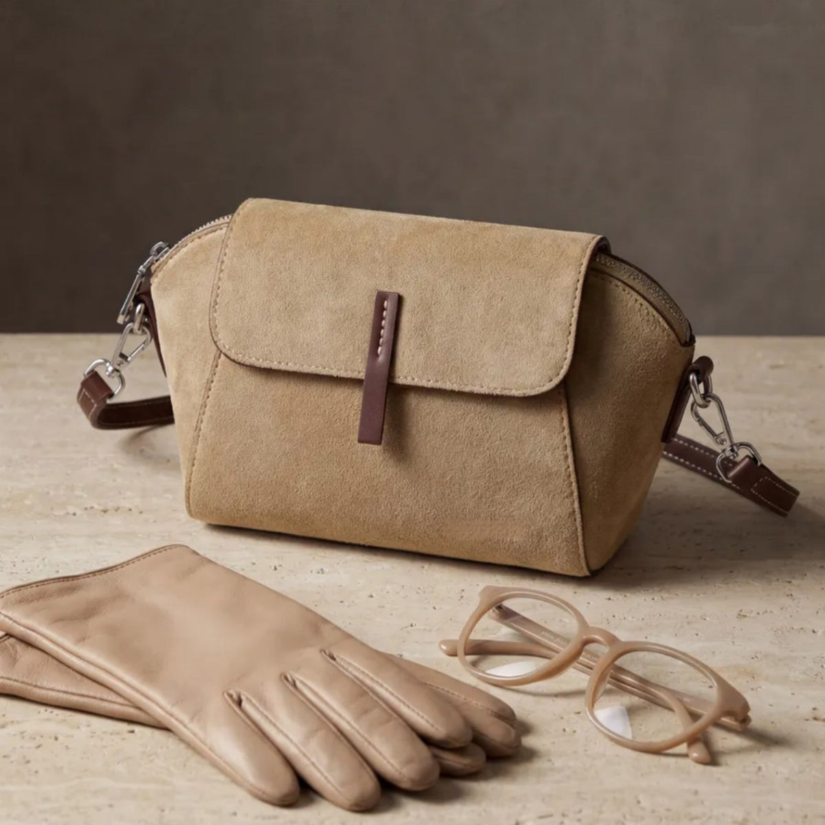 Faux Suede Flap Crossbody Camera Bag