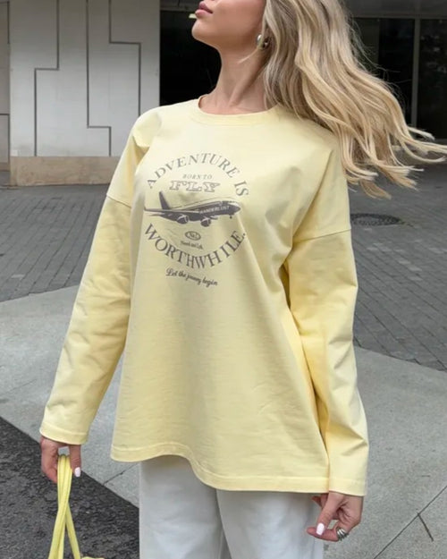 Adventure Slogan Airplane Graphic Long Sleeve Tee - Yellow