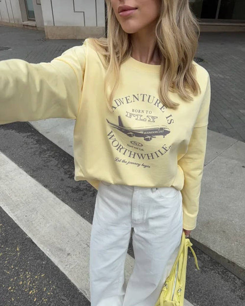 Adventure Slogan Airplane Graphic Long Sleeve Tee