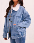 Oversized Denim Jacket With Sherpa Collar - Blue